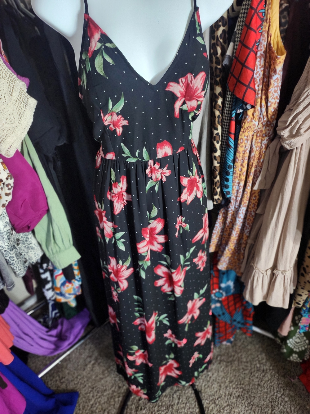 Fun & Flirt Black Maxi Dress with Floral Accents